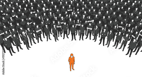 Isolated individual in bright orange clothing stands alone facing a large, monochrome crowd representing conformity, uniqueness, or being an outsider in society