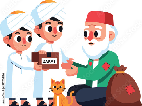 Children Giving Zakat to Elderly Man Cartoon Illustration for Islamic Charity and Ramadan
