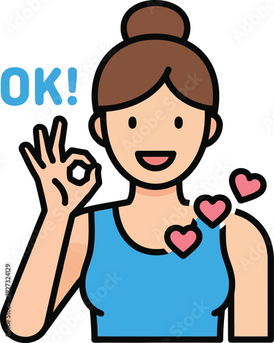 Smiling Woman Showing OK Hand Gesture with Hearts Vector Illustration for Positive Communication