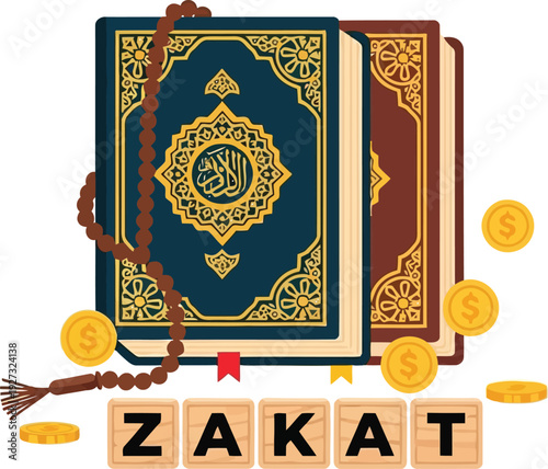 Islamic Zakat Concept with Quran, Prayer Beads, and Gold Coins for Charity and Ramadan Giving