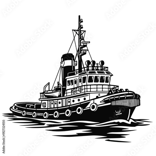 Vintage tug boat sailing on calm waters with fenders