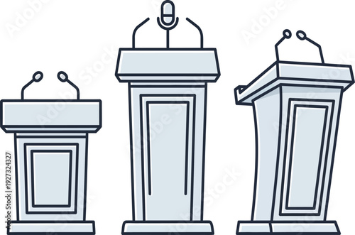 Three podiums with microphones for public speaking events and conferences
