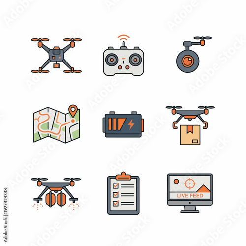 Modern flat line vector icons for drone technology quadcopters, remote controls, cameras, batteries, mapping, delivery, agriculture, live monitoring