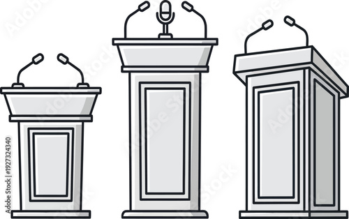 Three different podiums with microphones on top for public speaking events