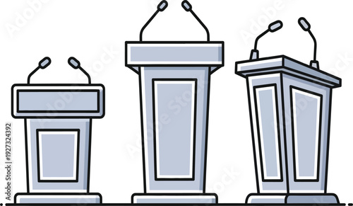 Three podiums with microphones for public speaking on isolated for presentations and conferences