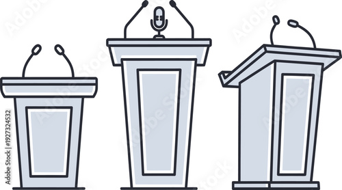Vector illustration of three different podiums with microphones on top for public speaking and presentation purposes in a simple line art style