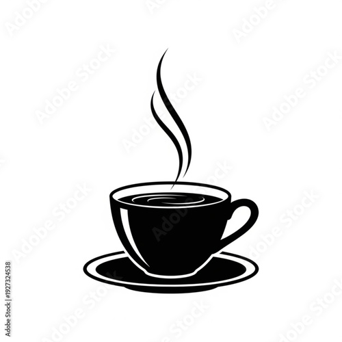 A steaming cup of coffee sits on a saucer, viewed from the side in a simple illustration