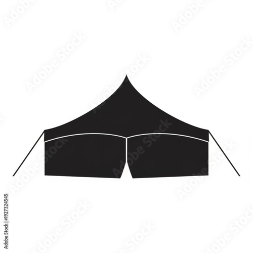A black pop-up canopy tent illustration with pointed top and open sides, depicted from a front view.