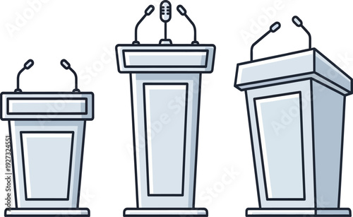 Three podiums with microphones for public speaking events and conferences