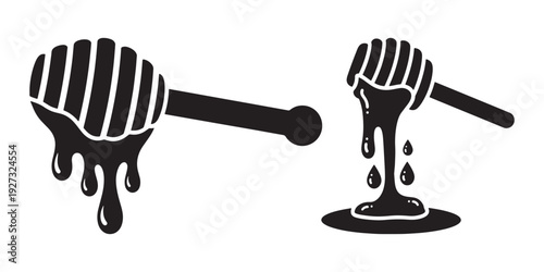 Honey dipper and dripping honey silhouette isolated on white background sweet food illustration