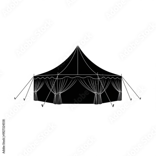 A large black tent with ropes and poles standing alone outdoors in a graphic illustration style.