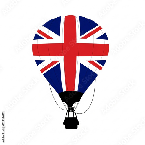 A hot air balloon with the Union Jack flag design soars above the ground, symbolizing freedom and adventure