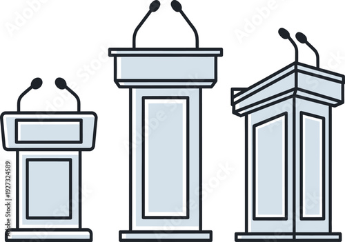 Three different podiums with microphones on top for public speaking events