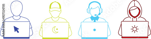 Four stylized human figures sit using laptops, representing diverse online user roles including a cursor operator, religious user, support agent, and anonymous hacker.
