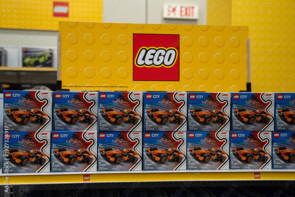 Naklejka premium LEGO City Formula 1 sets displayed on retail shelf. Toronto, Canada - February 18, 2026.
