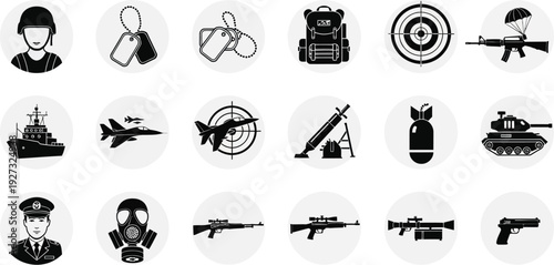 A collection of circular icons depicts various military and defense equipment, personnel, and targets for operational planning.