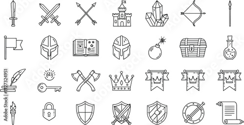 A grid of line art icons depicts medieval fantasy game elements including weapons, armor, treasure, and magical items for interface design.