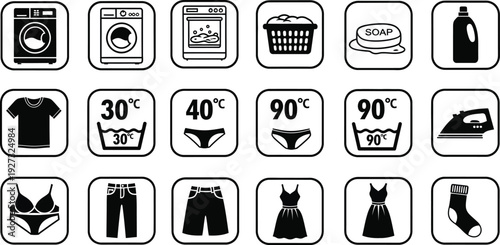 A set of black and white pictograms illustrates various laundry care instructions, garment types, and washing machine settings for clothing.