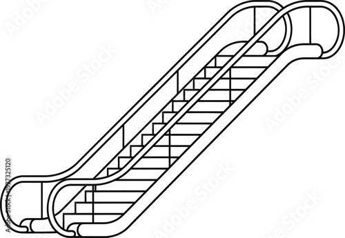 A black and white line drawing of an escalator
