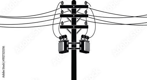 Black silhouette of an electric power transmission tower with wires