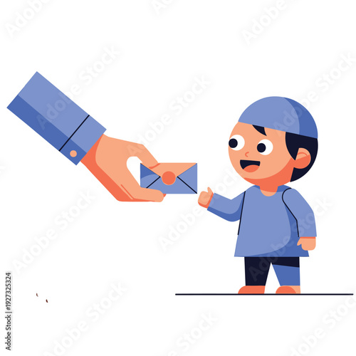 Illustration of a kind hand extending an envelope to a smiling young boy wearing a Kufi, representing acts of charity and shared blessings within a community