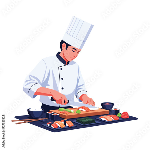 Dedicated culinary artist skillfully preparing a vibrant array of traditional sushi and delicate sashimi, showcasing the precision and artistry involved in creating authentic Japanese food