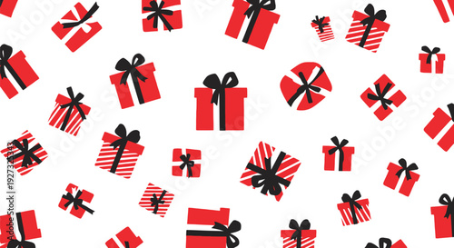Numerous red and black wrapped christmas present boxes with different orientations and sizes floating across a transparent background ideal for holiday design.
