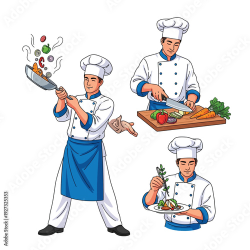 Illustrations of a professional male chef cooking. Shows stir-frying vegetables, chopping ingredients, and plating food, demonstrating culinary skills and the art of food preparation