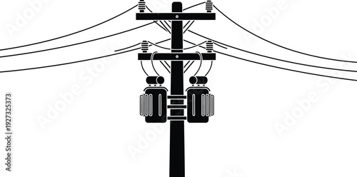 Black silhouette of a power transmission tower with wires