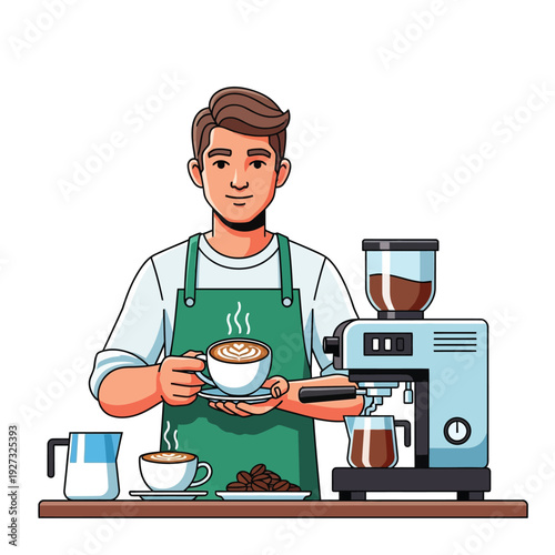 A cheerful barista proudly presents a freshly brewed hot coffee, expertly prepared with a modern espresso machine, showcasing dedication to quality and service