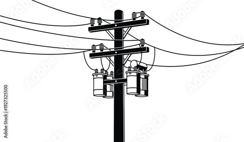 A black and white illustration of a power pole with wires and transformers