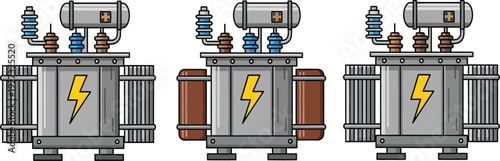 Three cartoon style electrical transformers with lightning bolts on the front