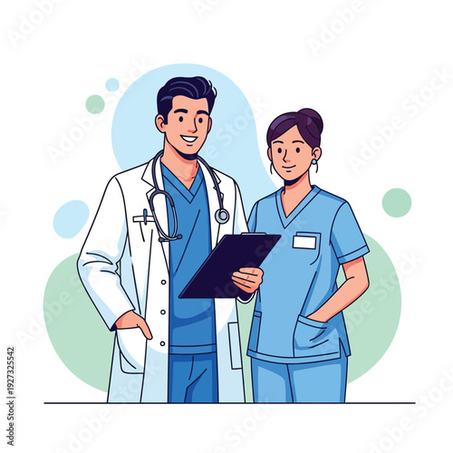 Illustrative depiction of a friendly healthcare team, featuring a compassionate male doctor with a stethoscope and a supportive female nurse in scrubs, ready to provide medical assistance and care