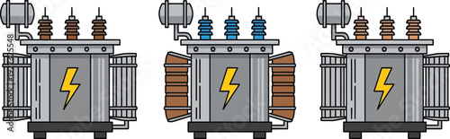 Three electrical transformers with lightning bolts on the front for industrial or power distribution concepts