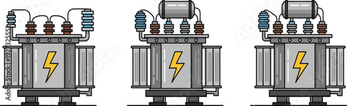 Three industrial electrical transformers with yellow lightning bolt symbols on the front panel