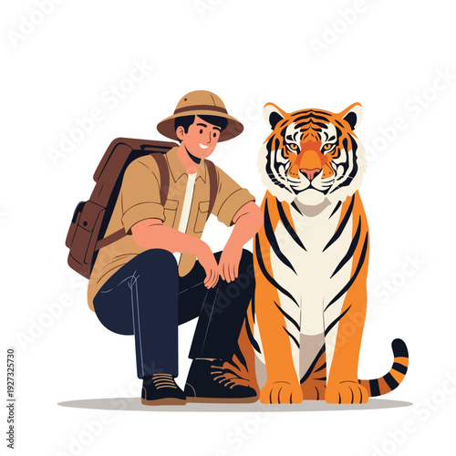 Man in hat with backpack poses beside large tiger on white background