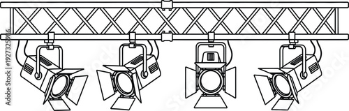 Overhead stage lighting equipment with multiple spotlights on a truss system for theater or concert setup
