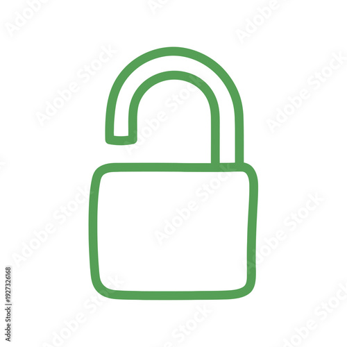 Minimalist green outline padlock icon, symbolizing concepts of open access, security freedom, authorization, and unrestricted entry in digital and physical realms