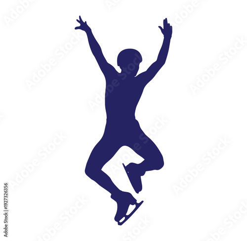 silhouette of a person ice skating with arms raised in the air performing a jump on one leg