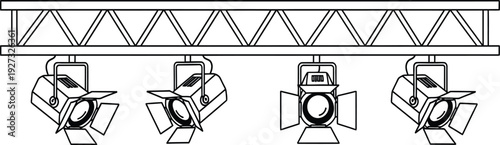 Stage lighting equipment with four spotlights on a truss system for theater or concert setup