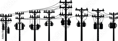 Black silhouette of multiple power transmission towers with wires on isolated for electricity infrastructure concept