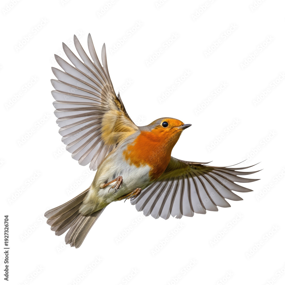 Fototapeta premium European Robin bird with orange breast in mid flight isolated on a transparent background