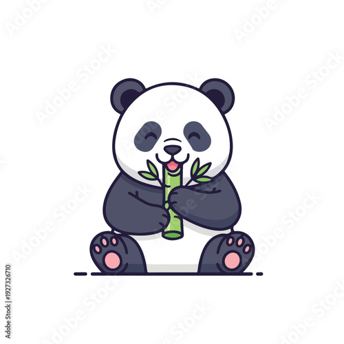 Cute panda bear sitting and holding bamboo shoots happily