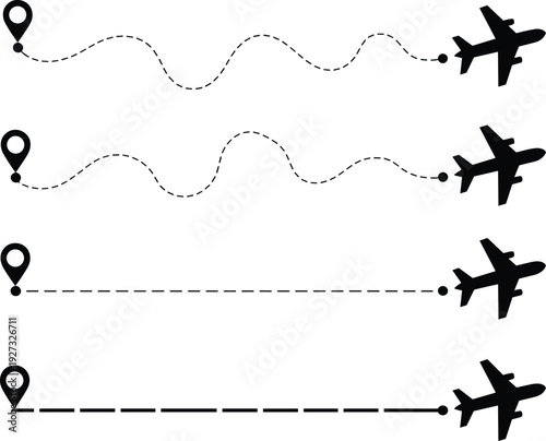 Airplane flight routes set with location pins, dotted travel path collection