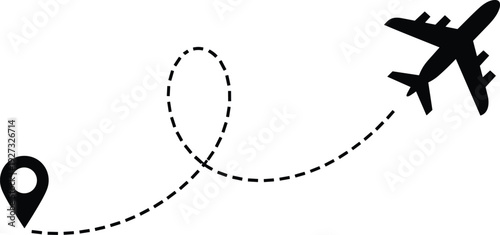 Airplane flying along curved dotted route from location pin, travel navigation illustration
