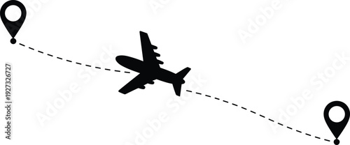 Airplane flying along curved flight path between location pins, travel route concept illustration