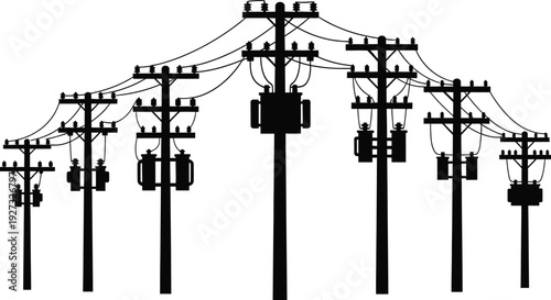 Black silhouette of multiple power poles with transformers and wires