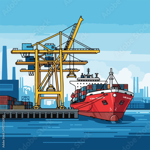 Container ship being loaded at a port with a gantry crane