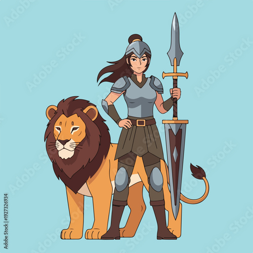 Cartoon woman warrior standing with lion and sword in hand