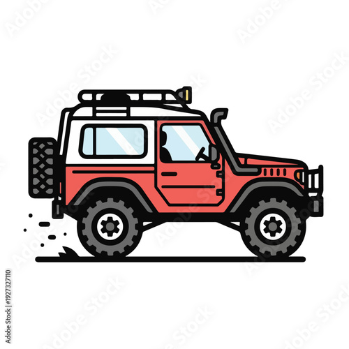 Red and white off road vehicle with roof rack and spare tire